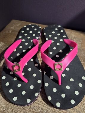 kate spade Black Polka Dot Flip Flop Sandals with Hot Pink Straps
